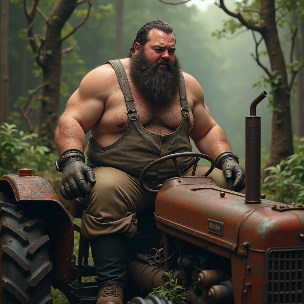 Fat Farmer Struggles to Start Tractor in Verdant Landscape