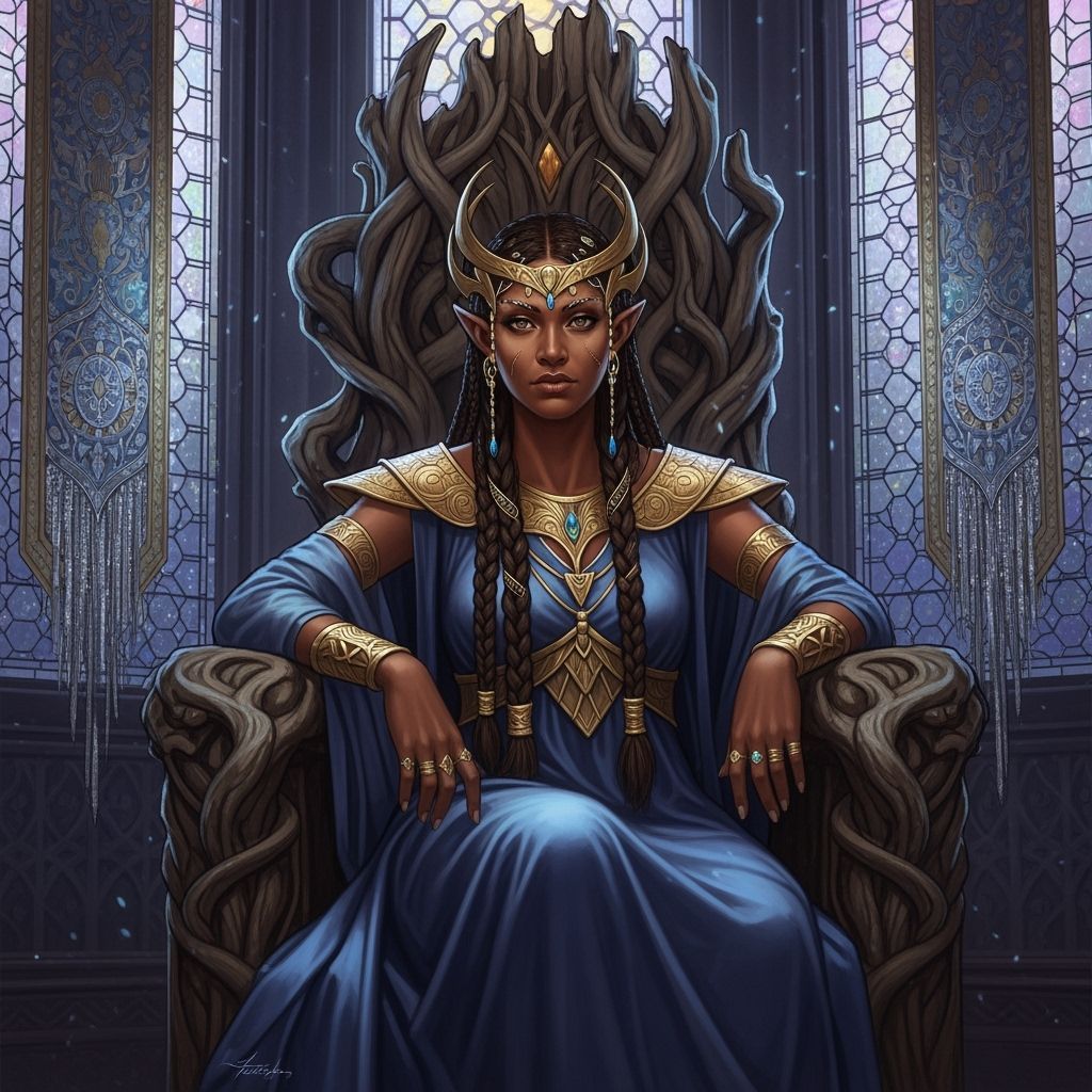 Elven Queen on Ancient Throne in Art Nouveau Style