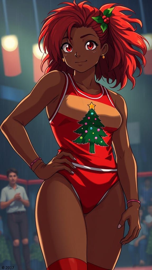 Sensual Christmas Wrestler in Vibrant Studio Ghibli Style