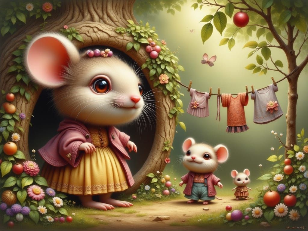 Cute Mouse Family Living in Brambly Hedge, as Oil Painting