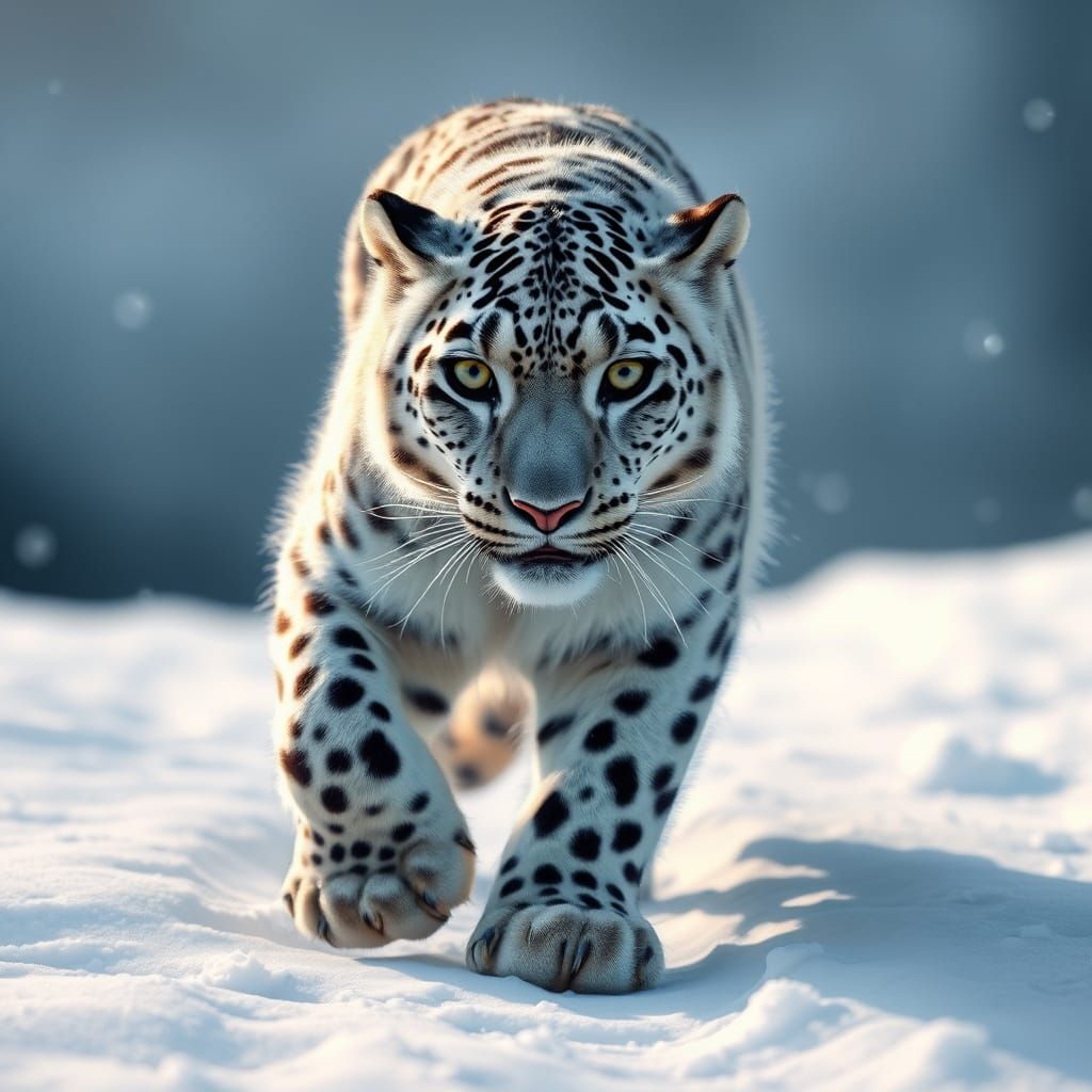 Photorealistic Snow Leopard Roams Winter Landscape