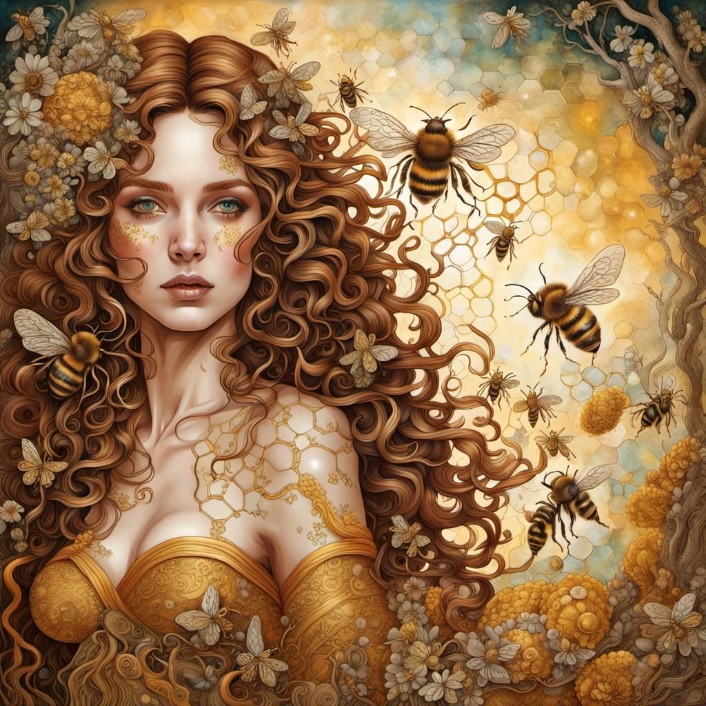 Goddess of Bees with Flowing Curls and Golden Eyes