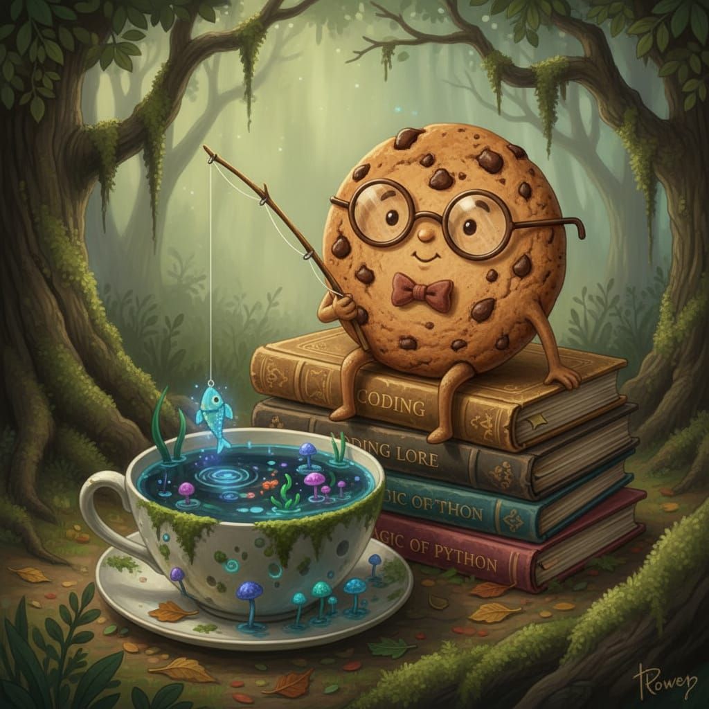 Nerdy Cookie Fishing in a Whimsical Swamp Illustration