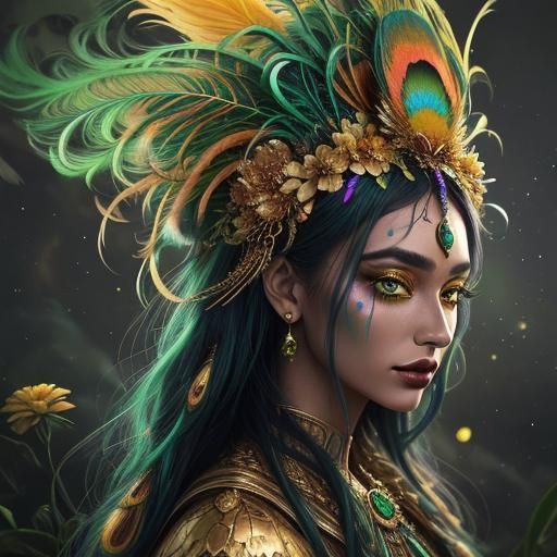 Surreal Gold Woman with Peacock Feathers