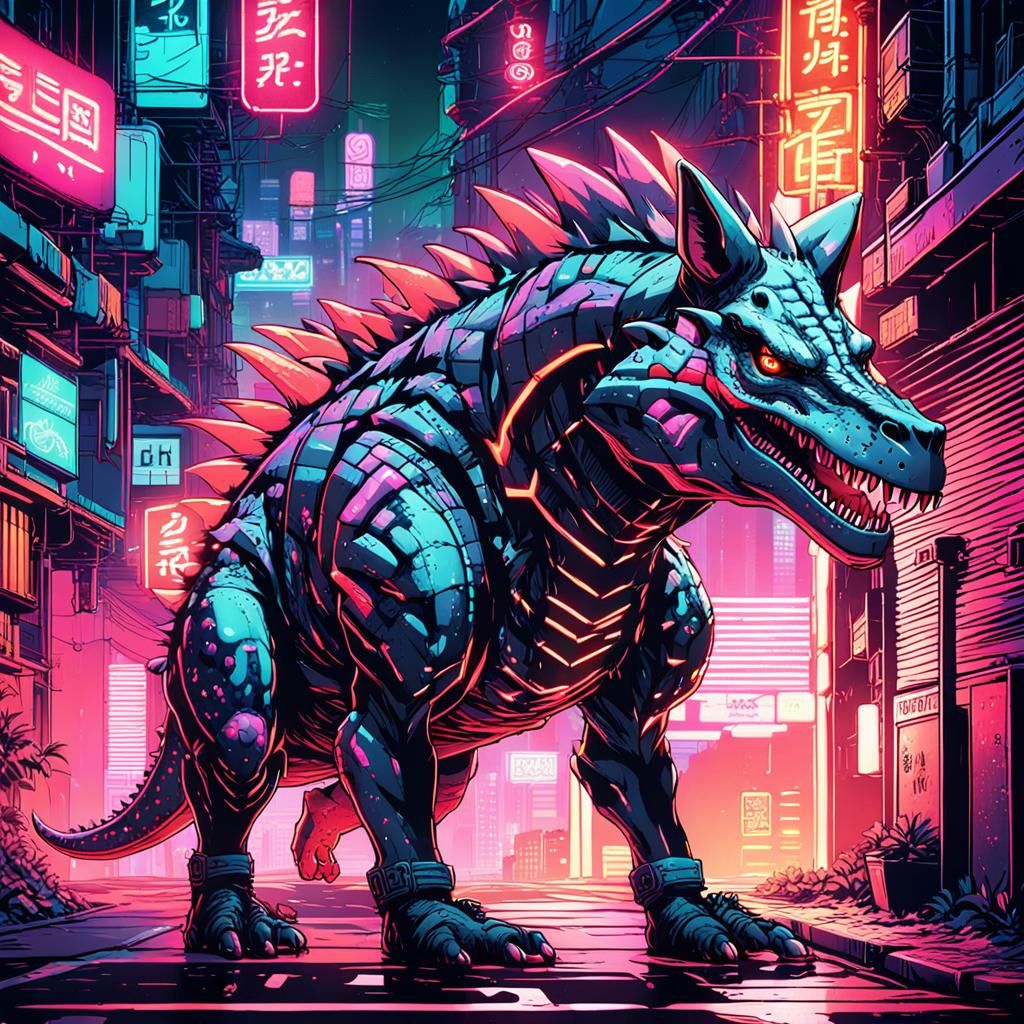 Dinosaur-Wolf Hybrid in Cyberpunk Manga Style