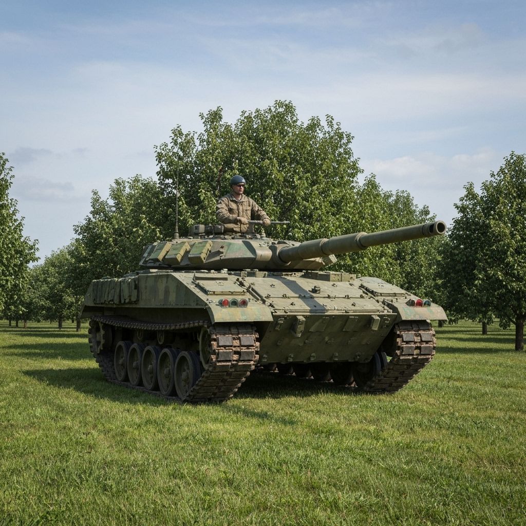 Army Tanks in a Surreal Orchard