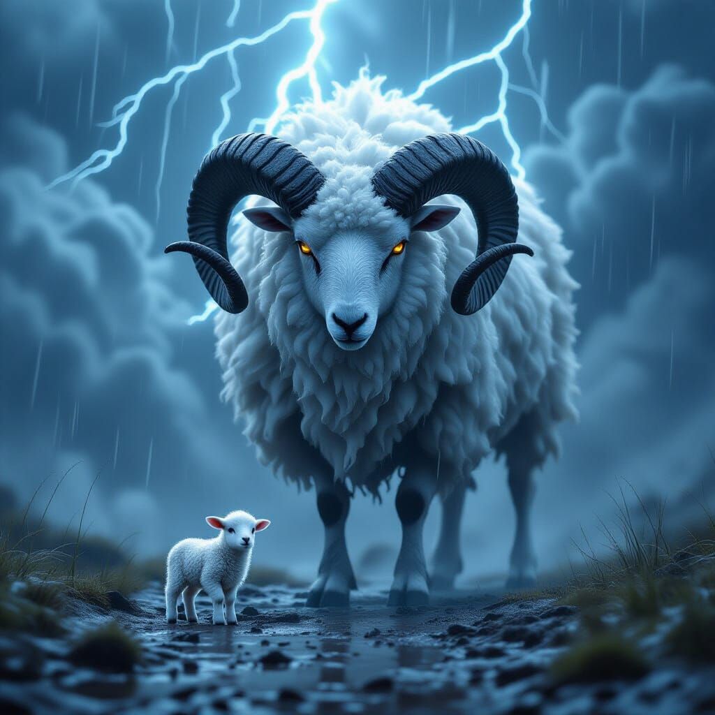 Colossal Cloud Ram Protects Lamb in Fantasy Realism