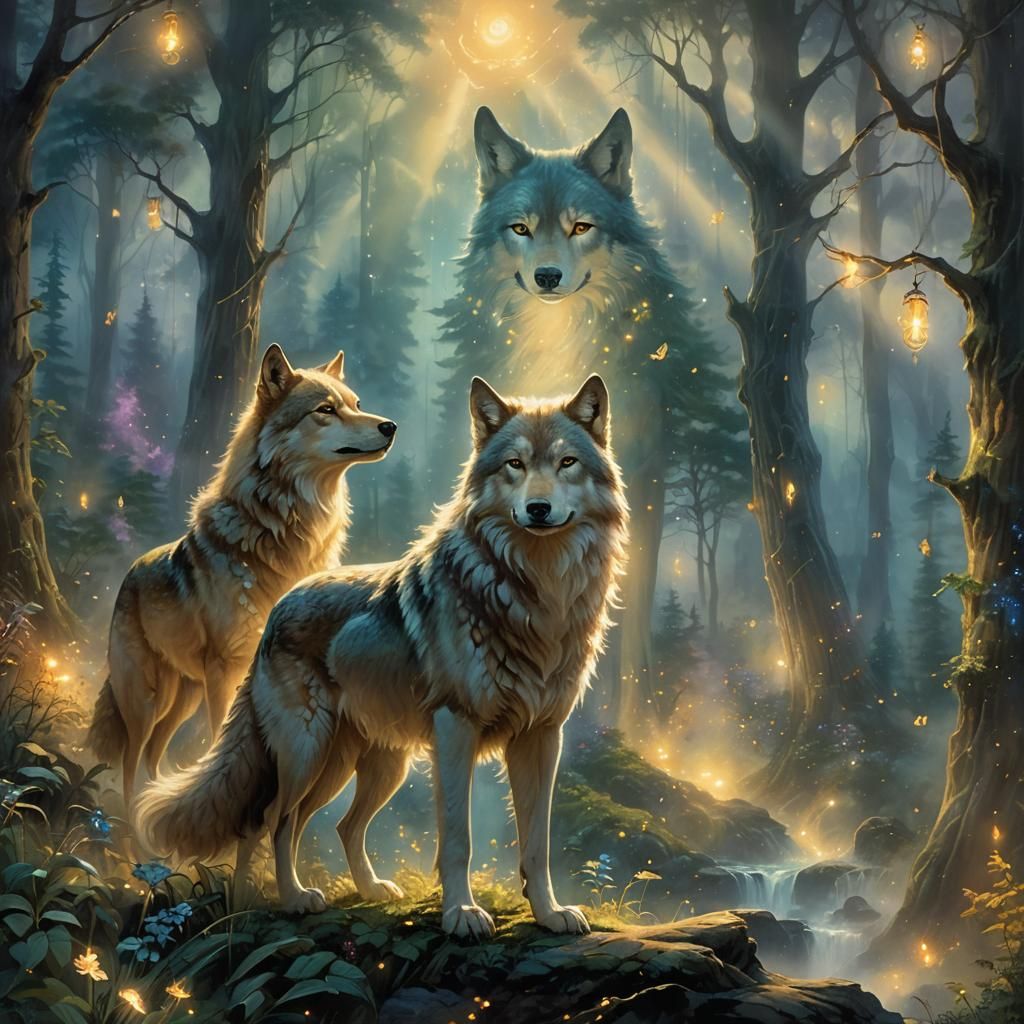 Wolf and Princess in Mystical Forest