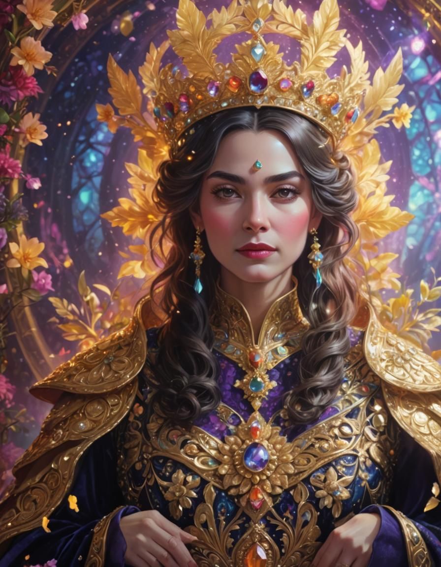 Neon Queen Portrait with Gold Crown and Jewels