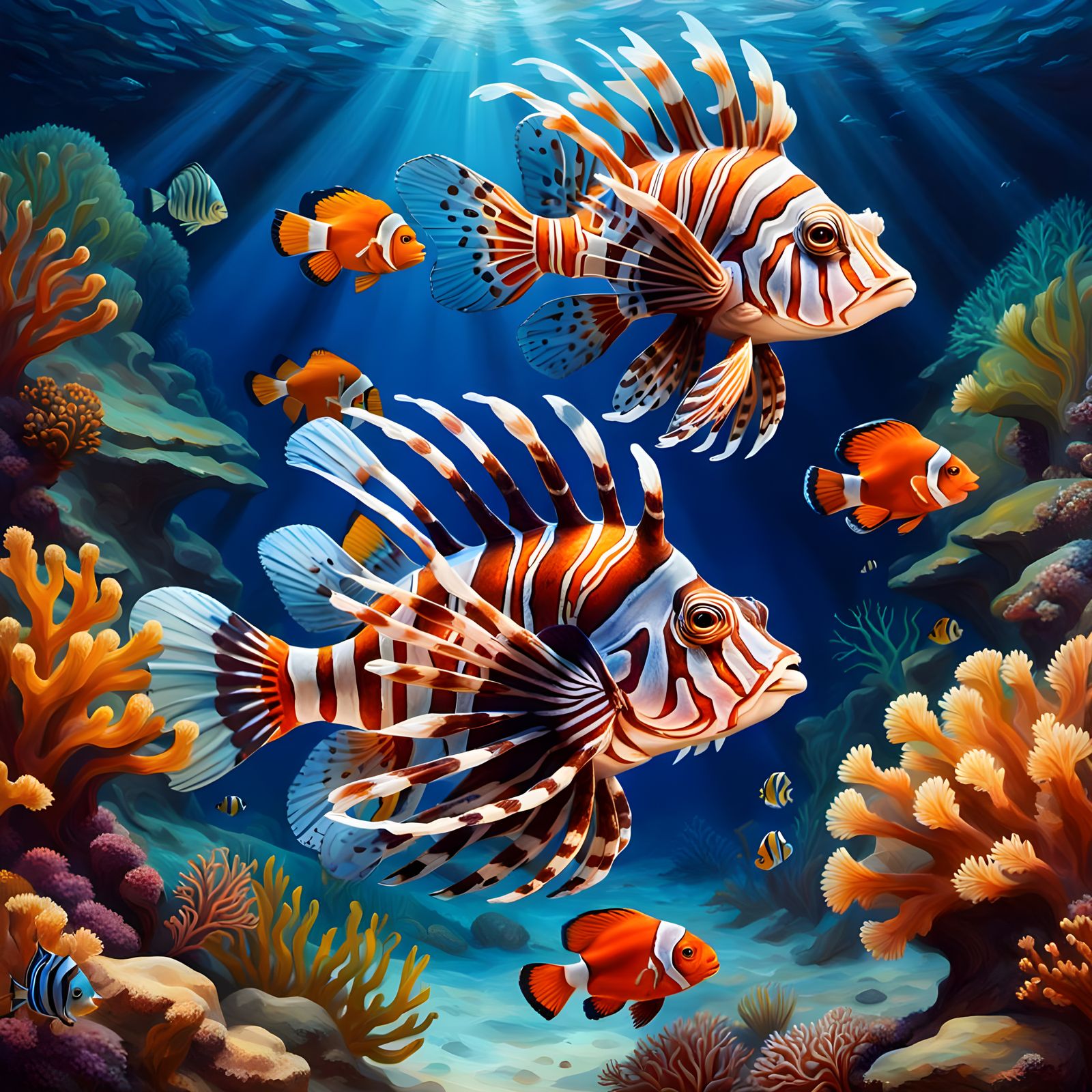 Lionfish and Clownfish Meeting in Coral Reef Oil Painting