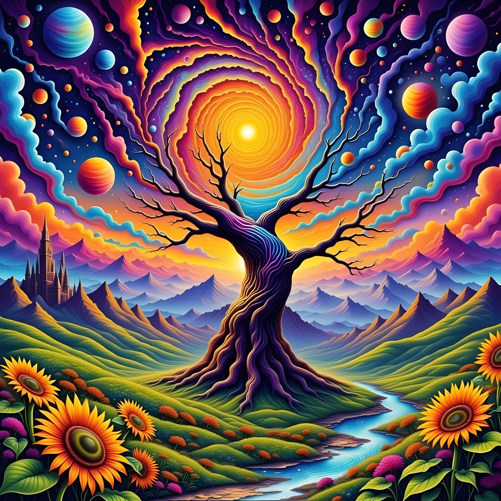Vibrant Psychedelic Landscape with Cosmic Tree and Castles