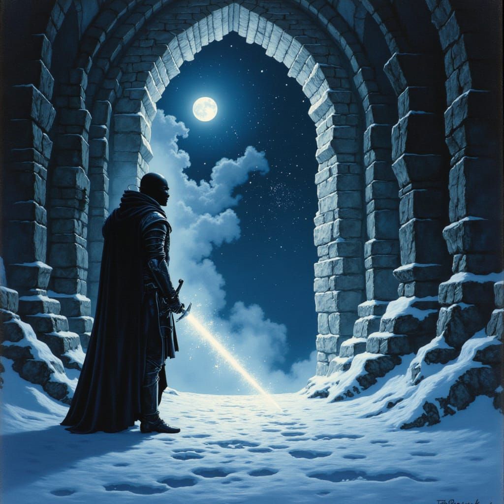 Spectral Knight Guards Frozen Tomb in Epic Fantasy Style