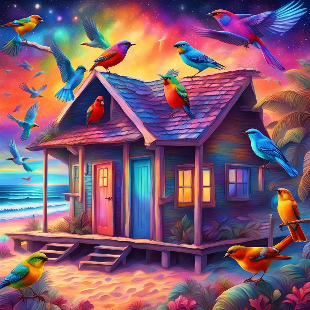 Brightly Colored Birds on Beach Cottage Roof