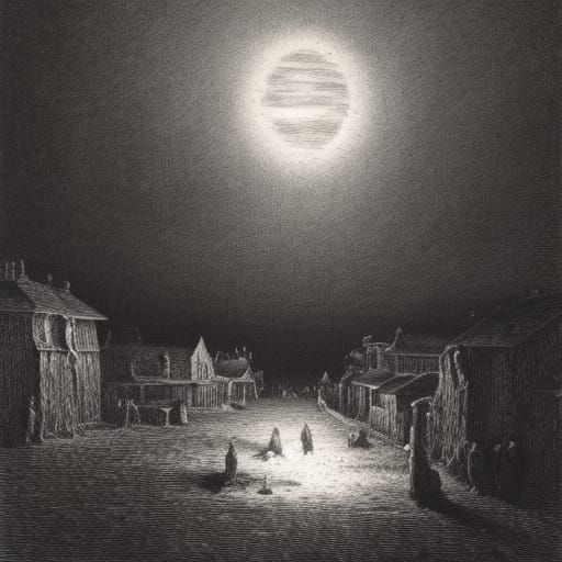 Moonlit Village: Hyperdetailed Charcoal Drawing in Dore Styl...