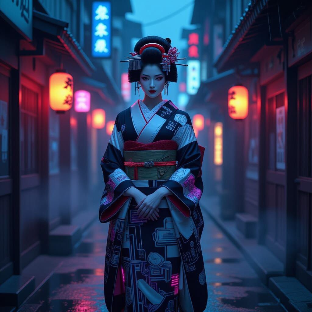 Cyberpunk Geisha in Neon Alleyway