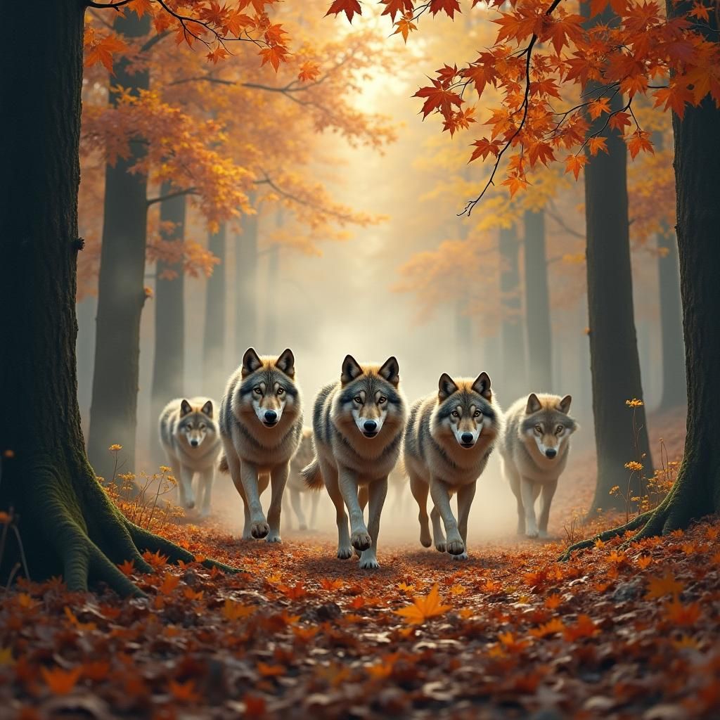 Wolves Roam Autumn Forest in Golden Light