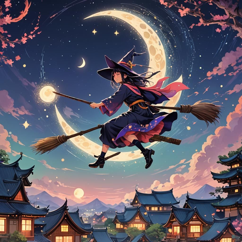 Japanese Witch Flying Under Crescent Moon in Kawaii Style