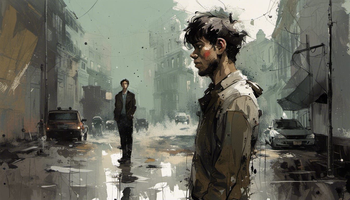 Sad Young Man Portrait with Expressive Paint Strokes