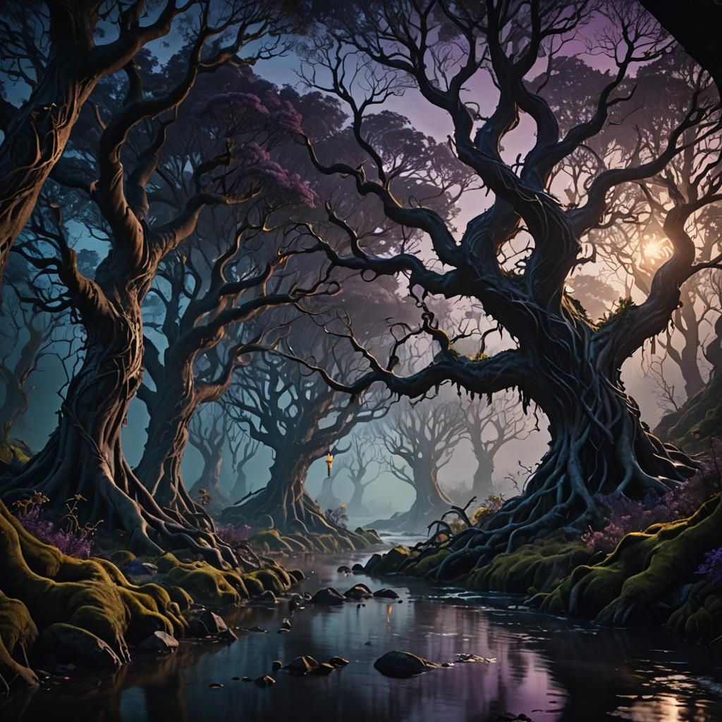 Mystical Elven Forest River in Dark Fantasy Style