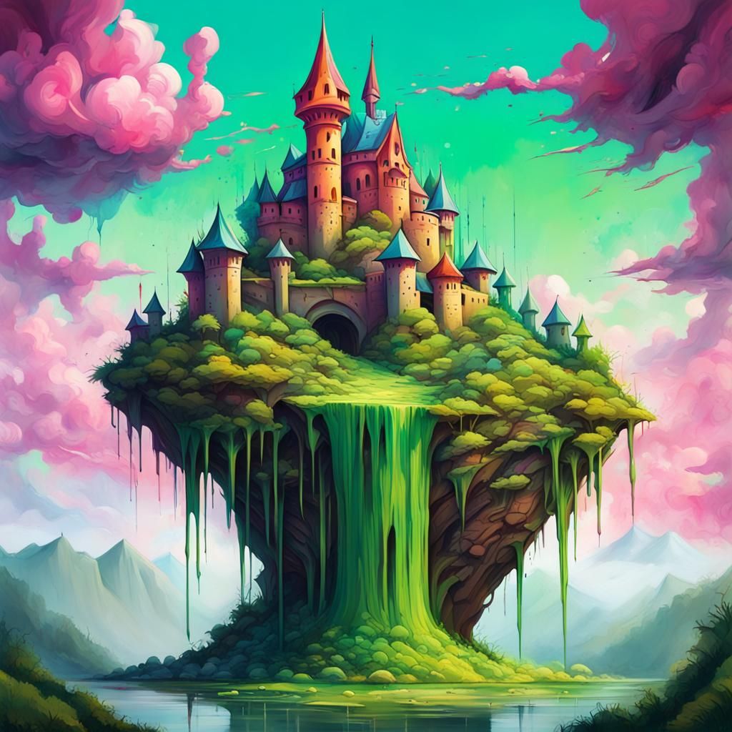 Futuristic Mountain Castle with Graffiti Art Entrance