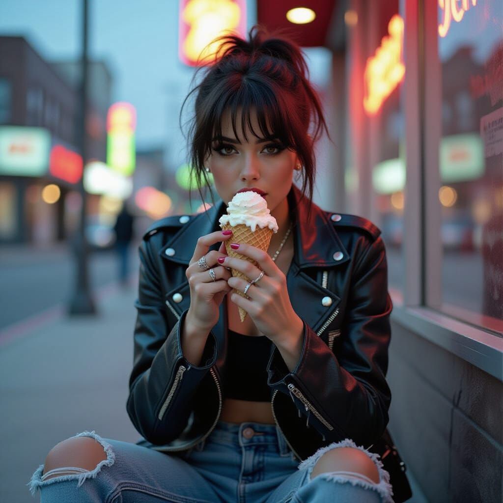 Punk Girl Eating Ice Cream in Cinematic Style