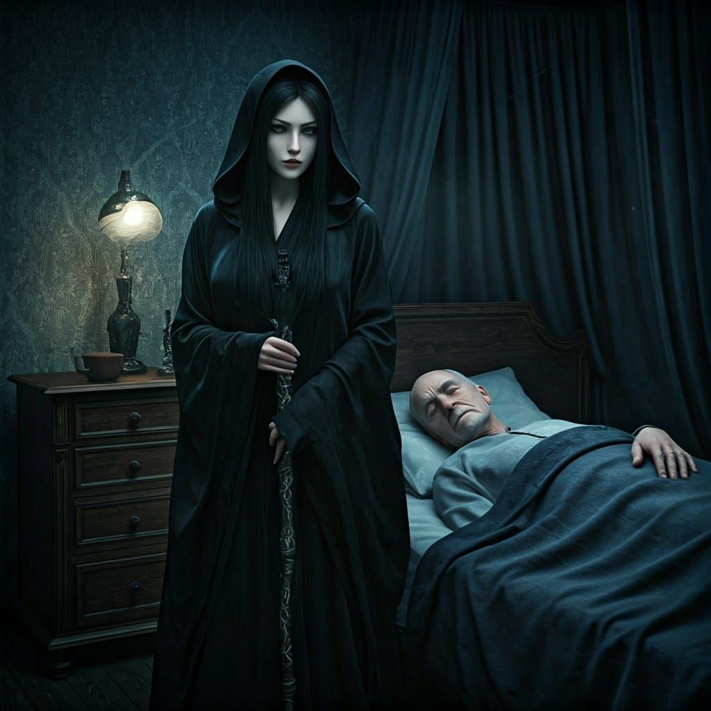 Death as a Serene Woman in a Dimly Lit Room