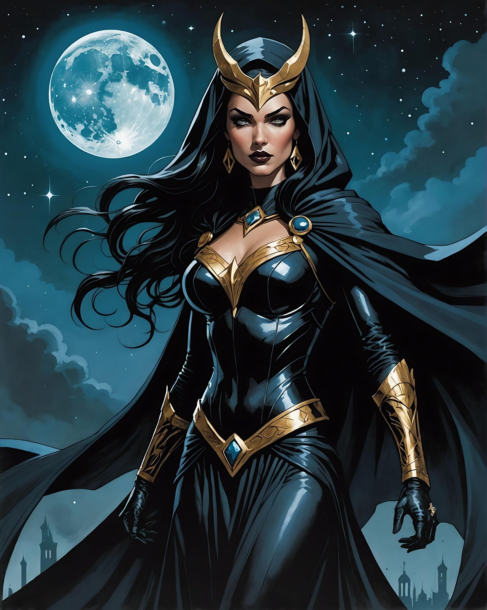 Nyx as Superhero Underworld Goddess in Comic Style