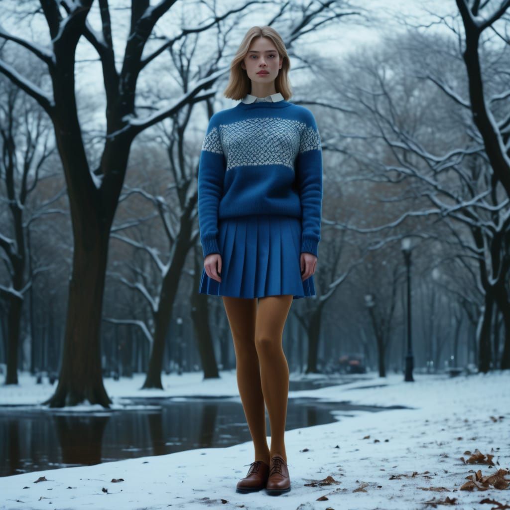 Ethereal Winter Scene of a Handsome Young Man in a Snowy Par...