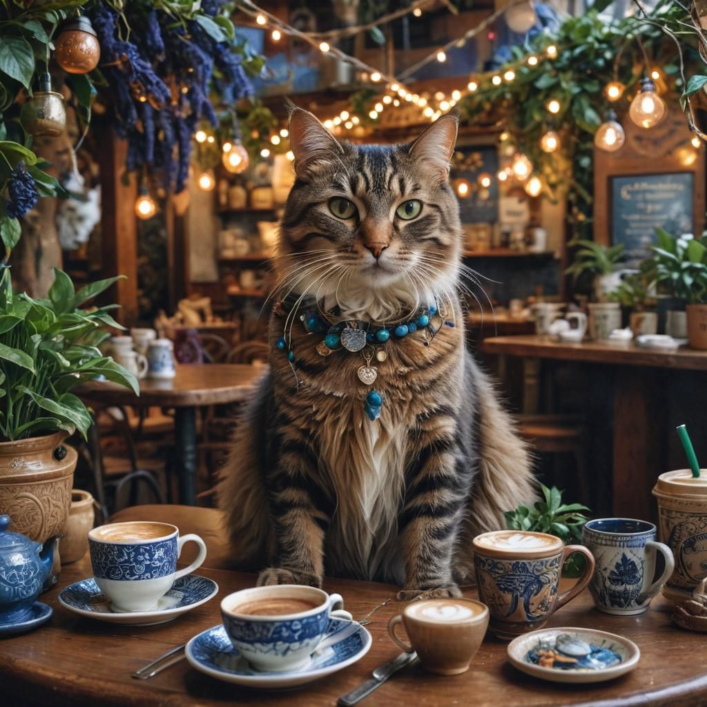 Cat in a Mystical Starbucks Cafe