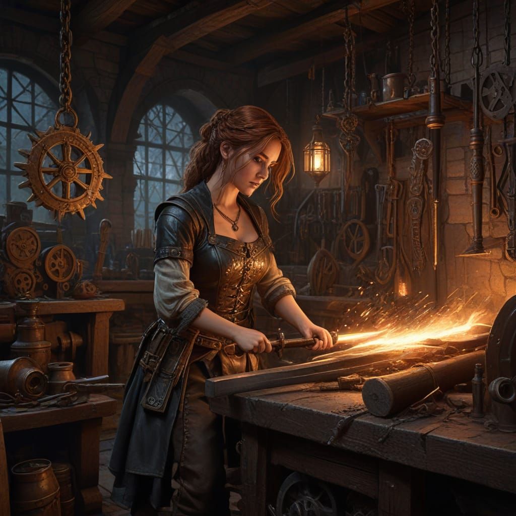 Female Blacksmith Forging Magical Sword in Steampunk Worksho...