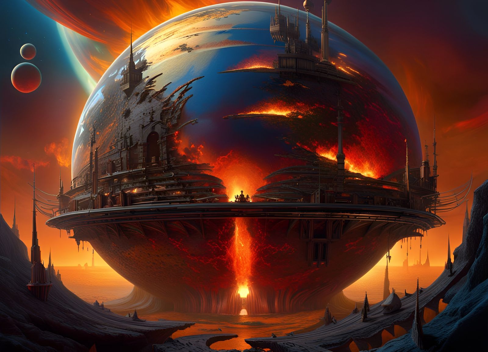 Mystical Planet of Fire in Surreal Sci-Fi Style