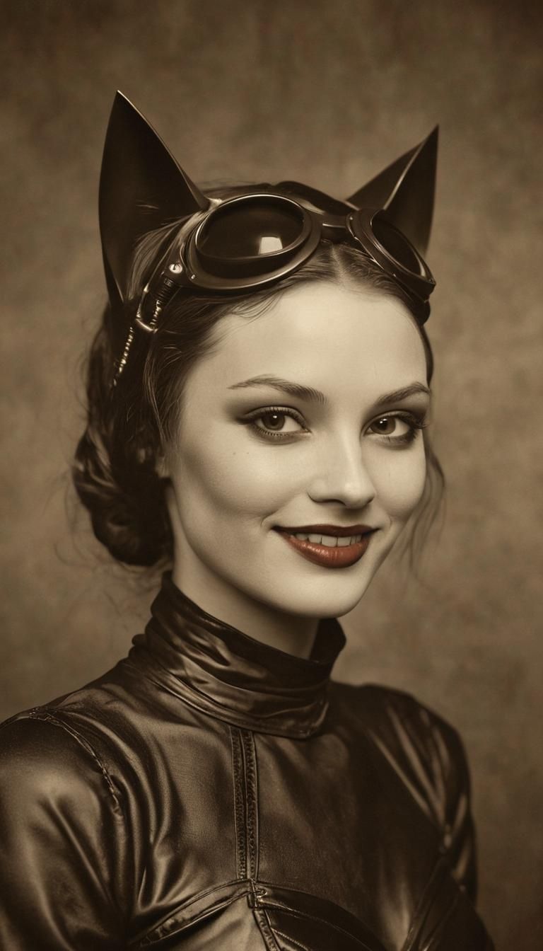 A smiling Julia Margaret Cameron as Catwoman