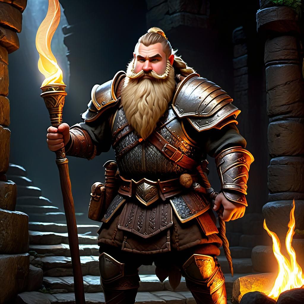 Dwarf Warrior and Elf in Dark Dungeon