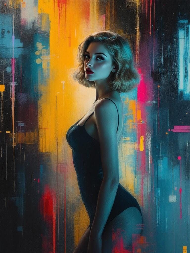 Hong Kong Neon Noir Pin-Up in Abstract Expressionism Style