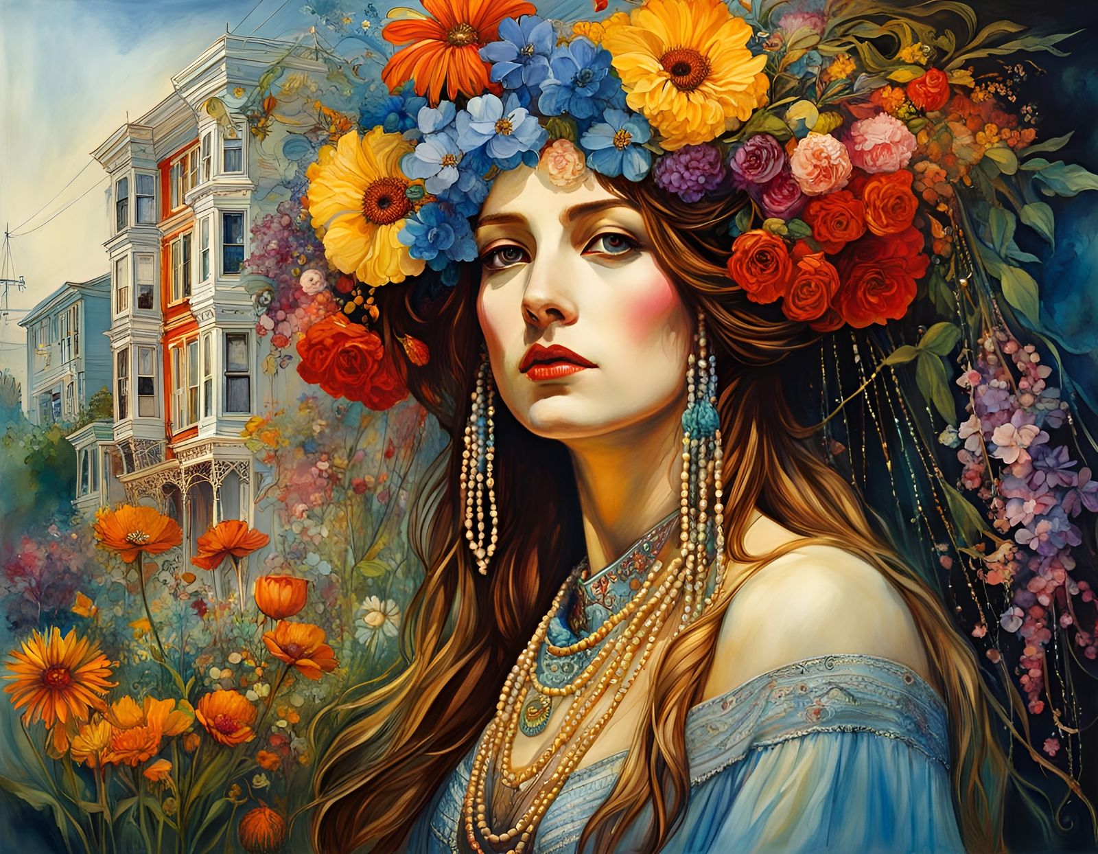 Haight Ashbury Flowers and Beads: A Watercolor Fantasy
