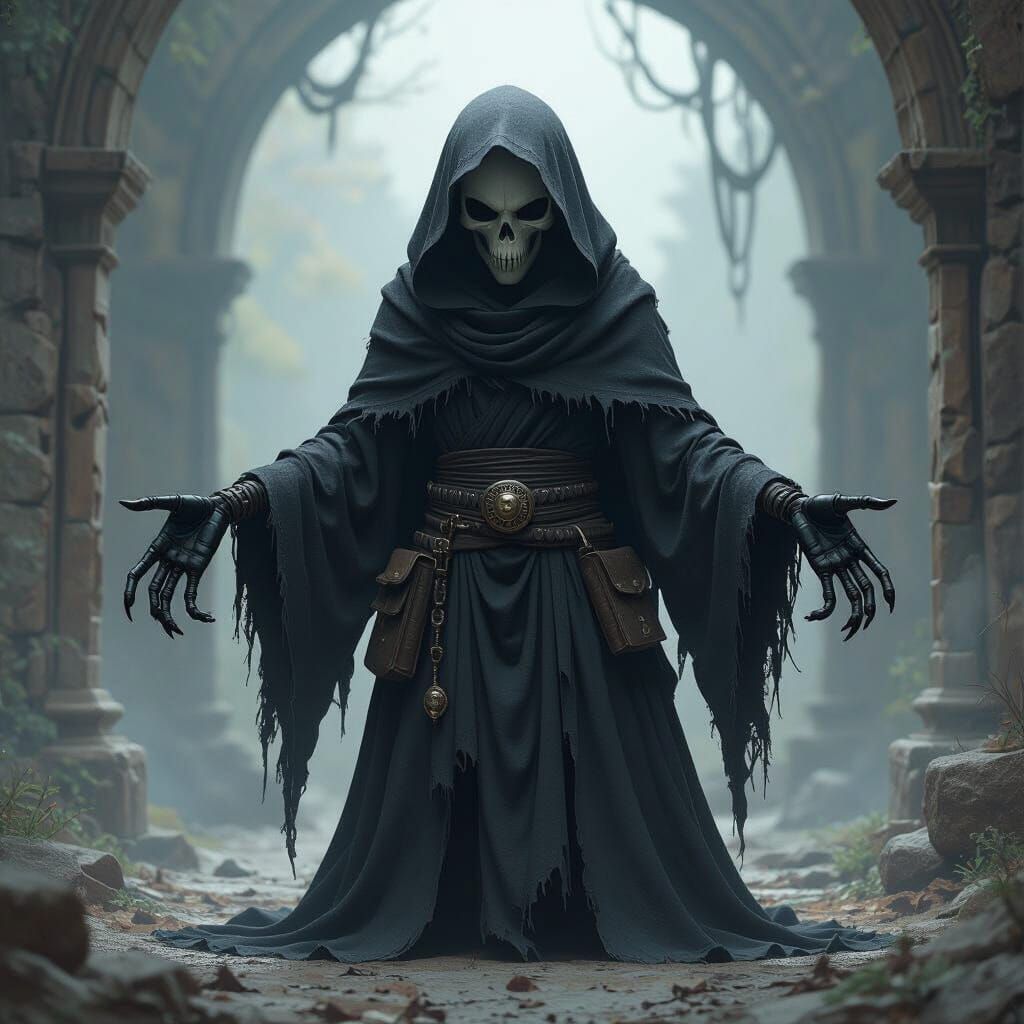 Necromancer Digimon with Skeletal Arms in Dark Sci-Fi