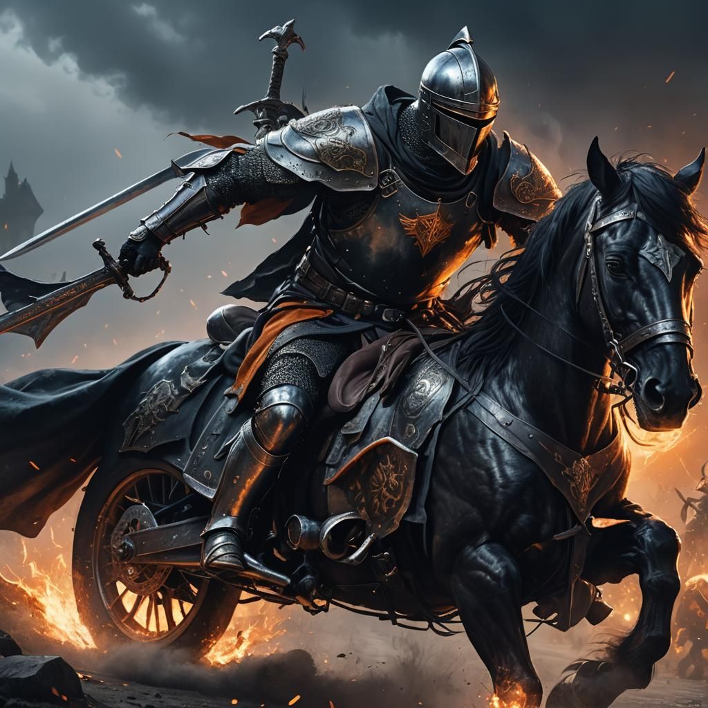 Medieval Knight on Harley Davidson Battles Doppelganger