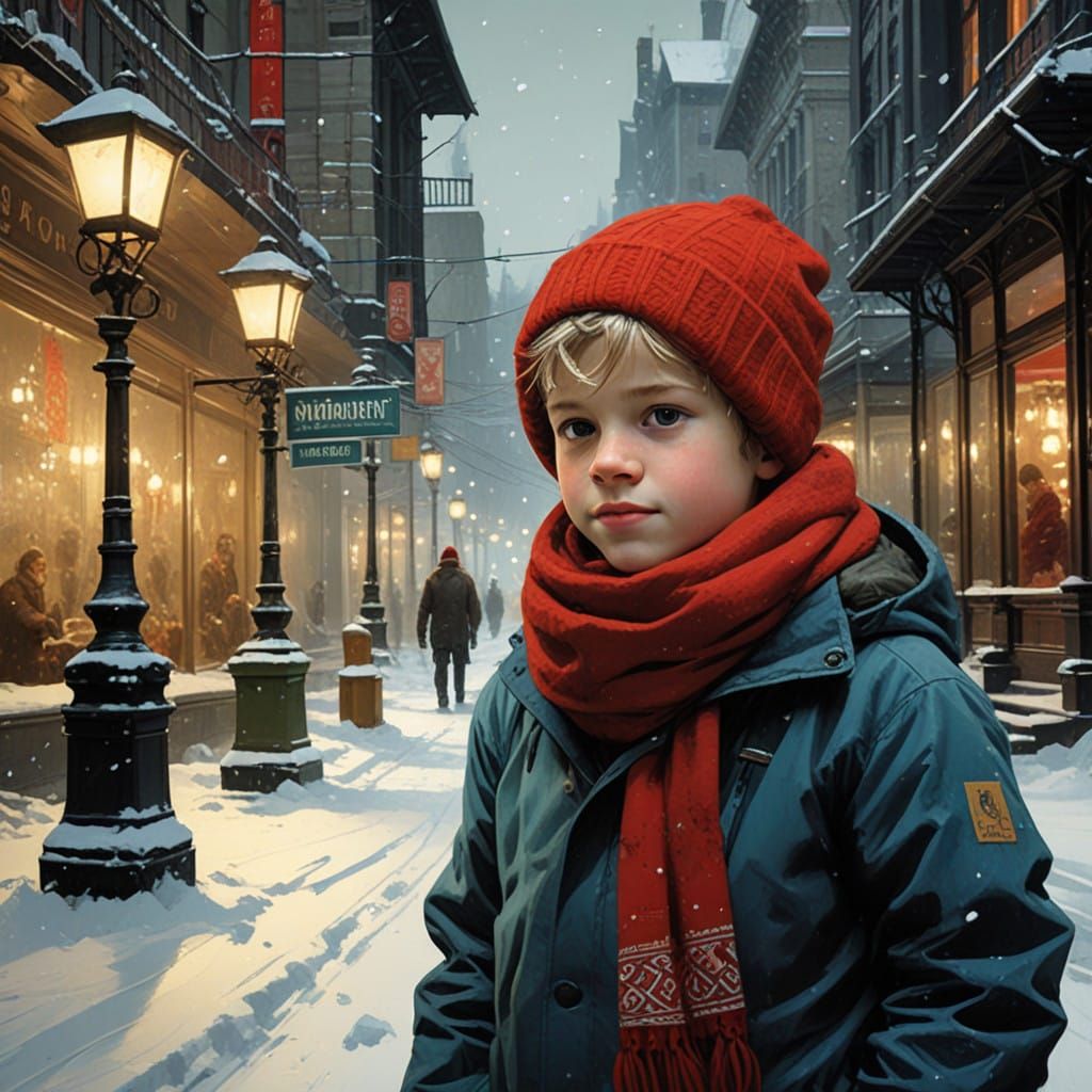 Whimsical Winter Wonderland: Boy Plays with Snowman in Zenta...