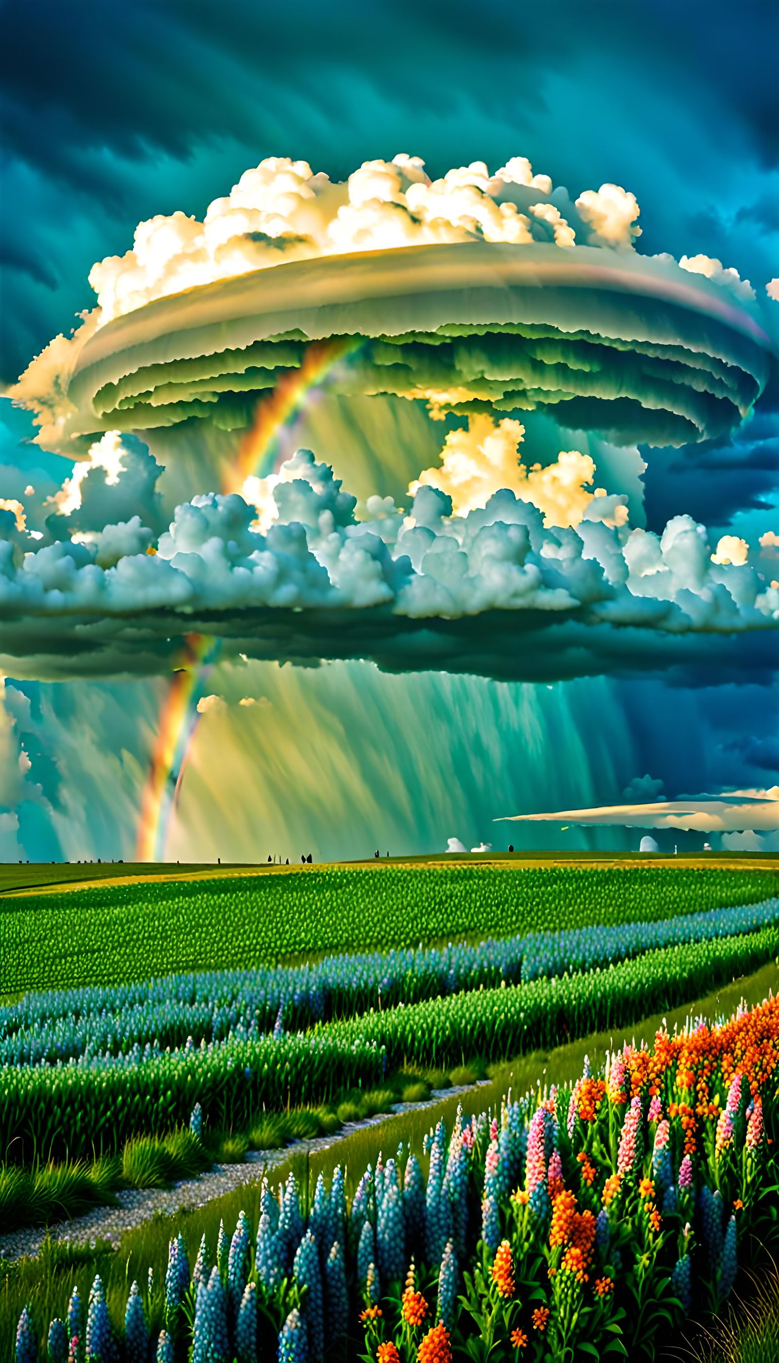 Supercell Cloud Over Rainbow Flower Field