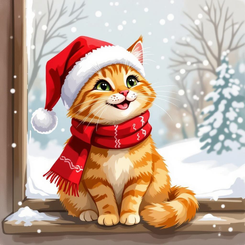 Whimsical Watercolor Cat Watching Snowfall