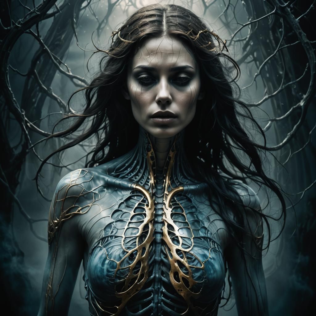Ethereal Woman: Surreal Digital Art in Giger Style