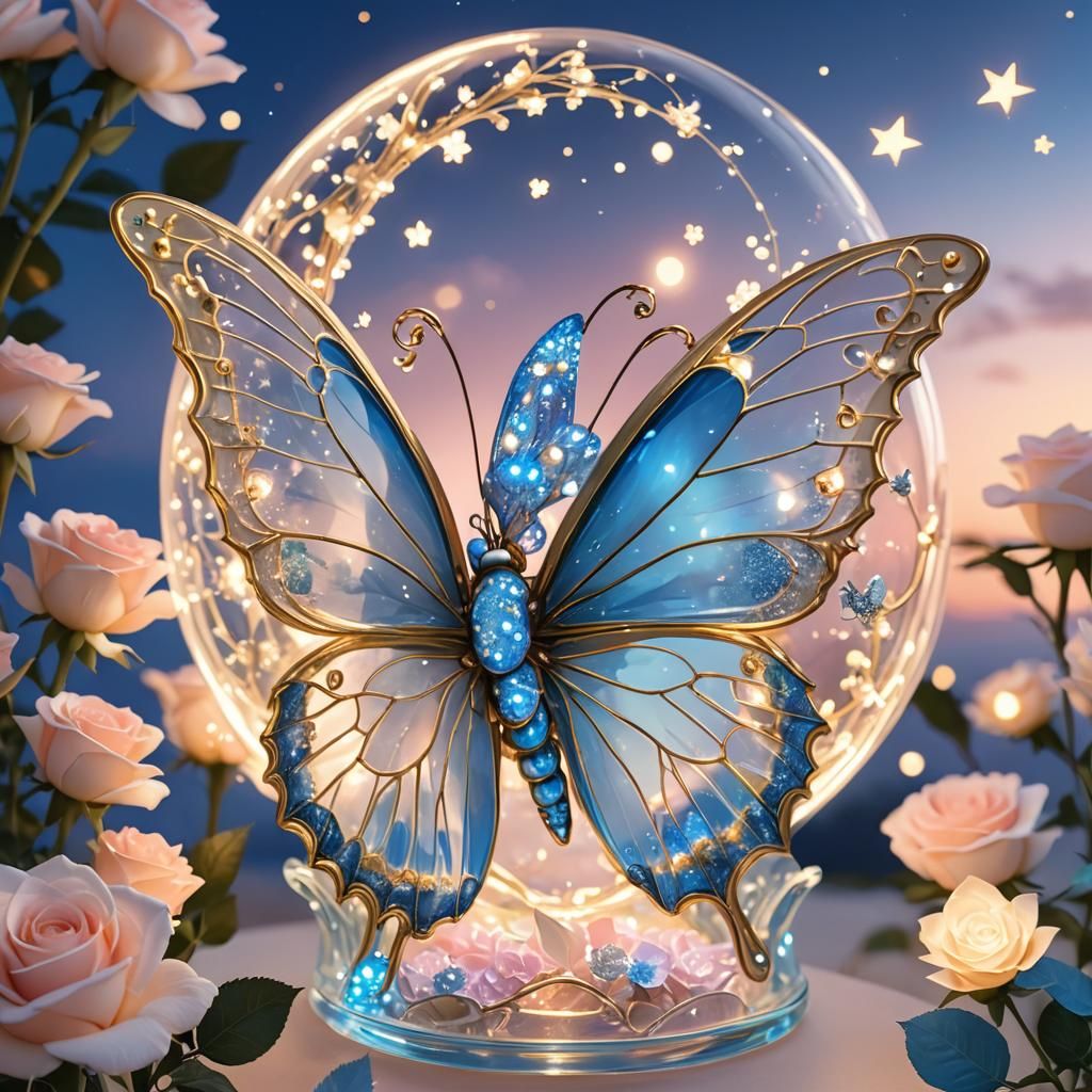 Glowing Blue Butterfly on Roses: 3D Anime Art