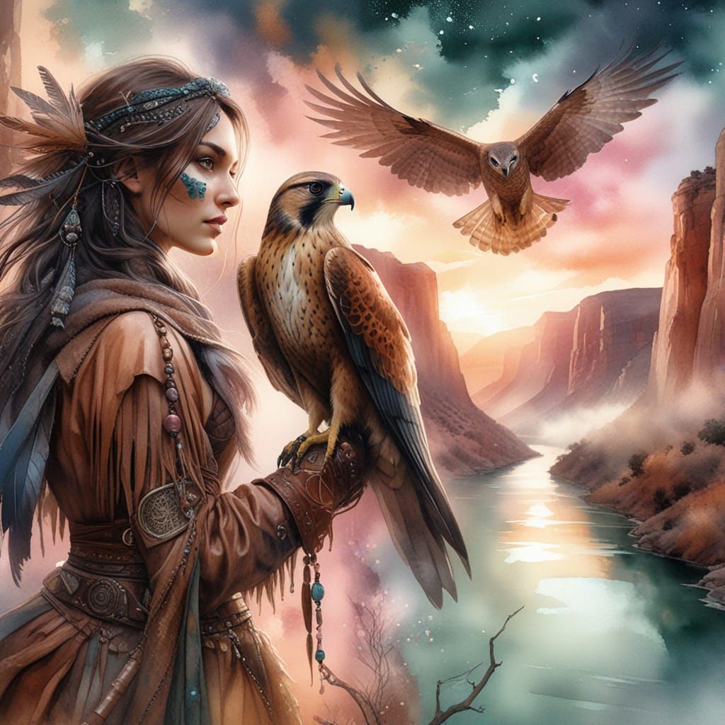 Wild huntress with falcon