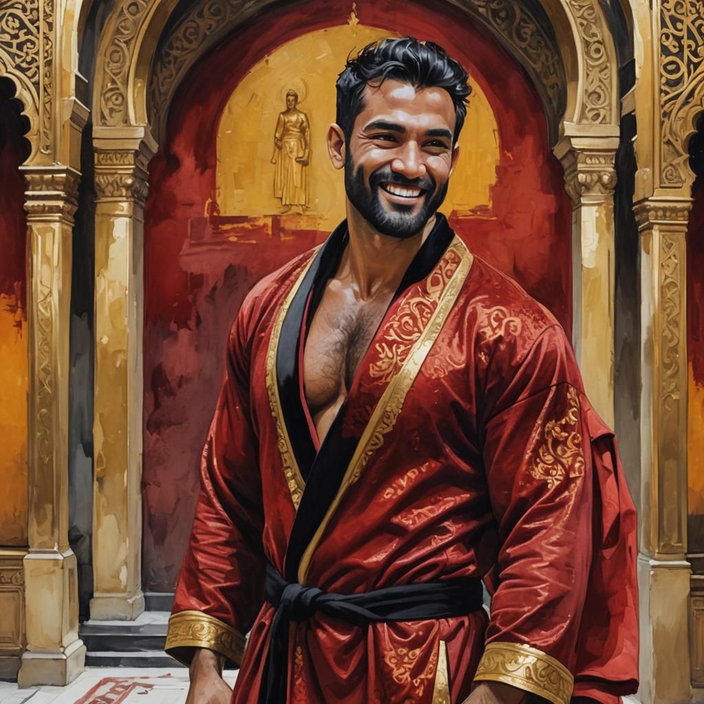 Masculine Indian Hunk in Mosque, Impressionist Oil Painting