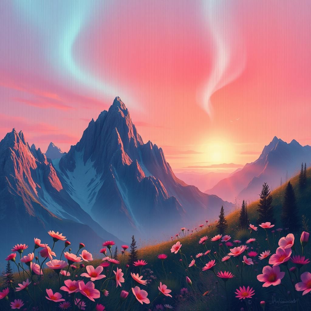 Surreal Landscape with Mountain Peaks and Aurora Borealis