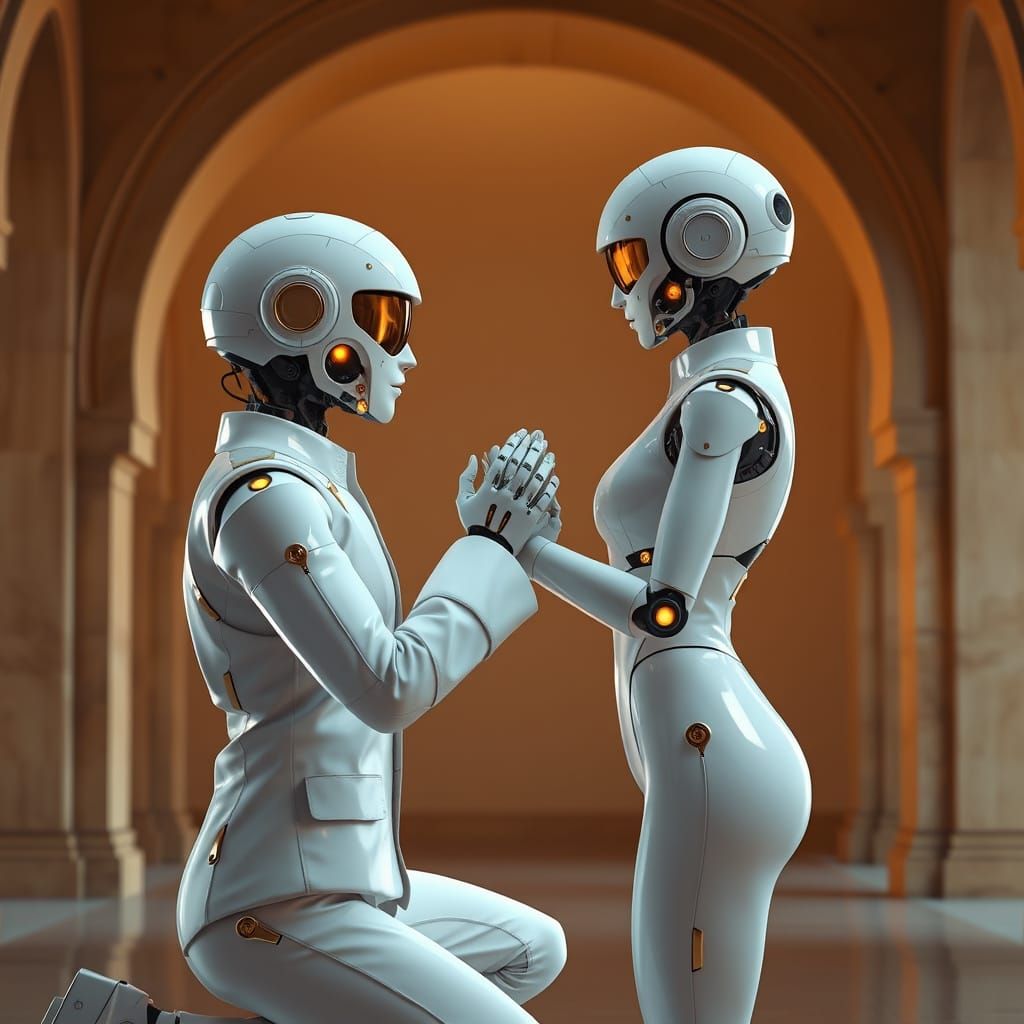 Robot Groom Proposes to Bride in Elegant White Jumpsuits wit...