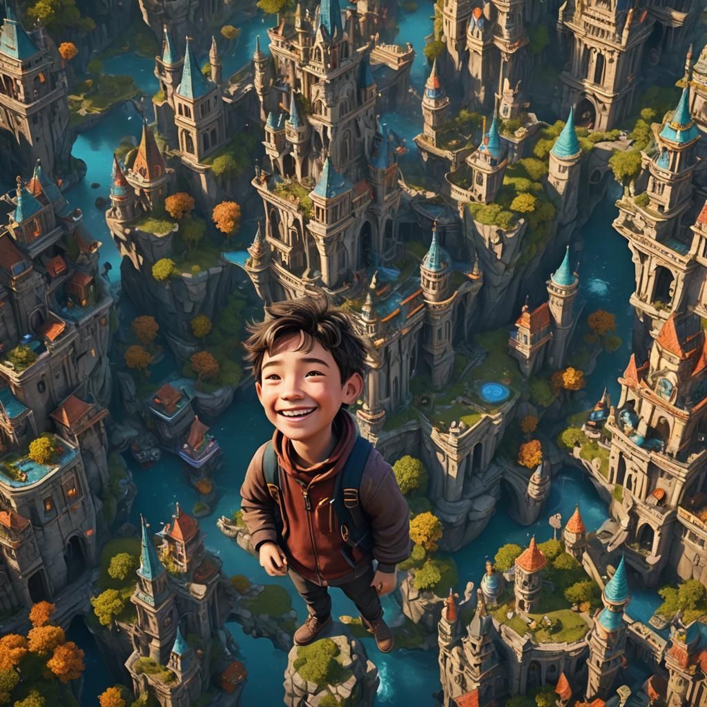 Smiling Child in a Detailed Metaverse Painting