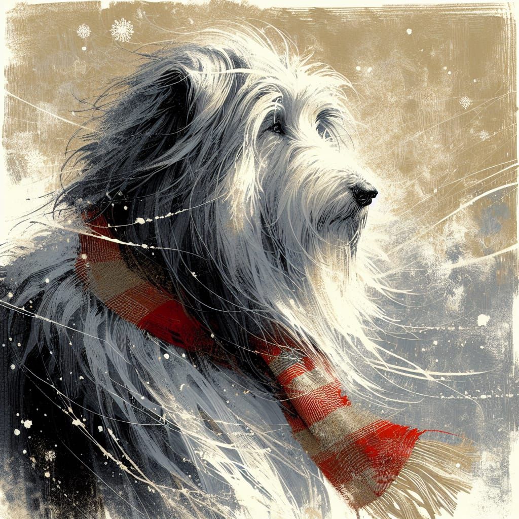 Dreamy Winter Collie Sketch in Silver and Gold