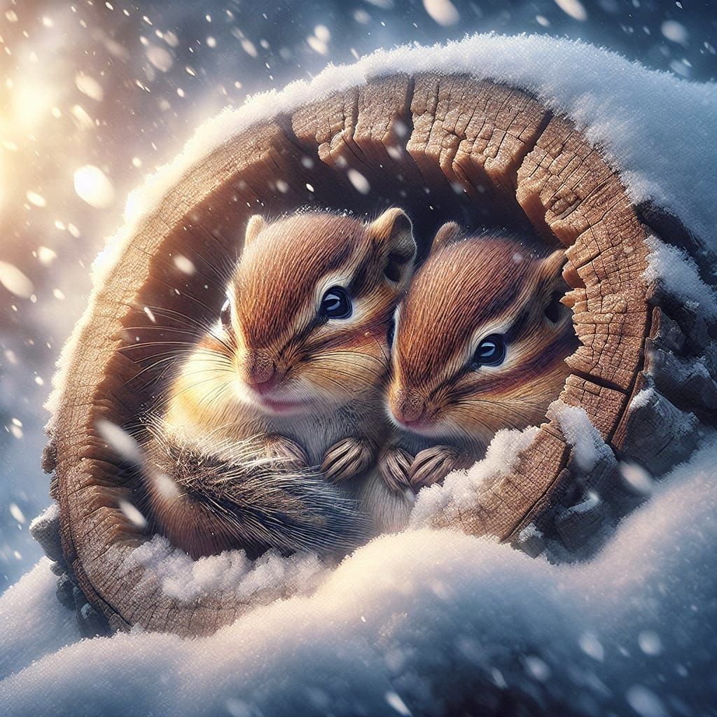 Whimsical Winter Chipmunks in Snowy Hollow