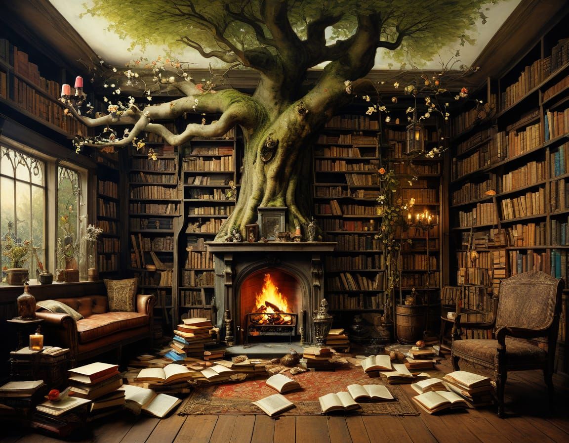 Cozy Treehouse Library with Books, Candles, and Fireplace